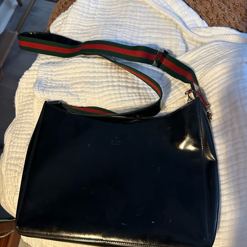 Gucci Black Leather Bag with Green and Red Strap